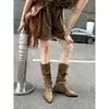Botas Vaqueras de Cuero Versión 4cm de Altura Interna Aumentada, Mezclilla, Punta Fina, Media Pantorrilla, Tacón Grueso, Botas Largas Vaqueras para Mujer, Estilo Aumenta Altura Otoño/Invierno 2026