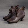 Jiezu 2025 Outono e Inverno Novo Couro de Vaca de Primeira Camada Botas de Couro Femininas Britânicas de Salto Baixo Zíper Lateral Moda Retrô Sapatos de Mãe