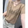 Camiseta de Manga Corta con Cuello en V Estilo Europeo para Mujer, Nuevo Estilo Verano 2026, Top Holgado Semi-Transparente de Punto de Seda de Hielo con Calados