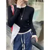 Camiseta de Base de Color Contrastante Falsa de Dos Piezas para Mujer, Suéter Nuevo de Punto de Manga Larga con Cuello Redondo para Primavera y Otoño 2024, Top de Punto de Alta Gama