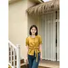 Camisa de Estilo Francés con Mangas Abullonadas y Lazos para Mujer, Nuevo Diseño de Verano, Ceñida a la Cintura, Adelgazante, Top Versátil de Manga Corta