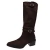 Botas Vaqueras Western Color Caqui Punta Maillard Tacón Medio Grueso Hebilla Para Personas Bajas No Sobre la Rodilla Mujer