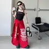 Calça de moletom com estampa de letras retrô americana, bainha curva, para meninas, novo design de verão, calça esportiva casual de perna larga