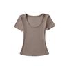 Top Básico Europeo y Americano de Cuello en U Grande de Manga Corta para Mujer Color Sólido Simple Elástico Ajustado Color Sólido Base Camiseta Reloj de Arena para Verano