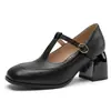 Sapatos de salto alto robusto retro de comércio exterior europeu e americano para a vovó 2026, tamanho 33-50, salto alto robusto com bico quadrado e alça em T