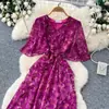 Vestido de verano para mujer con estampado floral azul estilo pastoral francés, manga corta, escote en V, estilo coreano, cintura entallada, vestido largo elegante y grácil