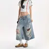 Shorts jeans rasgados estilo retrô americano plus size para mulheres, calças cropped de perna larga soltas de alta qualidade, estilo de rua emagrecedor