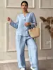 Conjunto feminino transfronteiriço de gola redonda com um botão, top soltinho de manga curta + calça pantalona de cintura alta, conjunto casual soltinho de duas peças