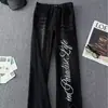 Jeans americano retro com lavagem, bordado e estampa, para homens, novo design de início de primavera, calça longa solta de perna larga, moderna