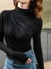 Amazon Transfronterizo Europeo y Americano Aliexpress Primavera y Otoño Color Sólido Elegante Cuello Semi-Alto Adelgazante Versátil Top