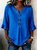 Transfronteiriço 2026 Nova Roupa Feminina Europeia e Americana Amazon Verão Feminino Gola V Algodão Linho Camisa Moda Botão Top para Mulheres