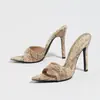 Sandalias de tacón alto para mujer, punta fina, acabado espejo, textura de piel de serpiente, mules, primavera/verano, para eventos nocturnos, fiestas, de moda, en stock, calzado para mujer