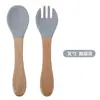 Mesa de Alimentación Infantil Morandi Cubiertos para Bebé Tenedor Cuchara Mango de Madera con Cabeza de Tenedor Cuchara Suave de Silicona En Stock Venta al por Mayor