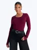 Bestseller transfronterizo europeo y americano: Camiseta base de mujer redonda grande con ajuste elástico ceñido y puños con agujero para el pulgar, top básico adelgazante de manga larga