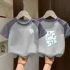 Camiseta de Verão Algodão Manga Raglan Color Block da Moda para Meninos e Meninas, Blusa de Gola Redonda Infantil, Camiseta Básica Infantil