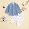 Conjunto Casual Europeu e Americano Cor Morandi com Amarração Frontal Duas Peças para Meninos e Meninas, Body de Algodão Puro para Bebê, Calça de Manga Longa, Cor Sólida