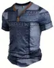 Camiseta retro de botão com meia-malha transpassada transfronteiriça, top pullover Henley casual de manga curta com estampa 3D slim fit para homens