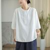Camiseta feminina de manga curta com fio de algodão de camada dupla, primavera e verão, artística, solta, com cobertura de carne, moda simples, cor sólida, top 81233