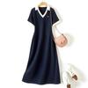 Vestido Bloco de Cores com Ajuste na Cintura Verão 2026 Novo Estilo Vestido Casual com Decote V e Design de Botão na Cintura para Efeito Emagrecedor