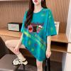 Algodão Puro Cor Tie-Dye Senso de Design Solto Manga Curta Camiseta Feminina Estilo Americano Marca Tendência Grafite Top Slim Mid-longo
