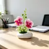 2 orquídeas phalaenopsis artificiales en una maceta plana pequeña, piedras falsas, bonsái de flor artificial, decoración de planta verde artificial de escritorio en maceta