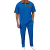 Conjunto Casual de Dos Piezas para Hombre 2025 Amazon Transfronterizo Nuevo con Patrón de Waffle, Bloques de Color, Manga Corta y Pantalón Largo