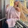 Ropa de Mujer Estilo Europeo y Americano Otoño e Invierno Nuevo Cuello Redondo Bajo Hombros Descubiertos Suéter Estilo Perezoso Suéter de Punto Holgado Top de Manga Larga