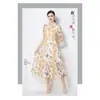 Vestido de Verano Francés Retro Bordado Pesado Hueco Encaje Soluble en Agua Cuello Redondo Cintura Ceñida Manga Corta Vestido Largo Adelgazante para Mujer