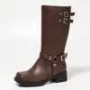 Botas de Caballero con Doble Hebilla Estilo Chica Picante Europea y Americana Punta Cuadrada Suela Gruesa Botas Vaqueras Versátiles Botas de Tacón Medio Hasta la Mitad de la Pantorrilla Botas Nuevas de Cuero