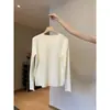 Camisa básica azul claro com bainha dobrada para mulheres, outono e inverno de 2026, blusa de tricô macia e fofa com gola redonda para usar por baixo