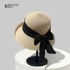 Chapéu de Palha com Laço Feminino Aba Larga Borda Pequena Enrolada Moda Elegante Protetor Solar Chapéu de Sol Praia Beira-Mar Chapéu Guarda-Sol