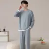 Pijama de Algodón Puro Cuello Redondo para Hombre Primavera Otoño Invierno Nuevo Alta Calidad Manga Larga Pantalón Largo Tallas Grandes Casual Ropa de Casa Conjunto Exterior