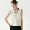Design estilo francês, pequeno top de malha V de cashmere, conjunto feminino de duas peças com acabamento contrastante, um top único e versátil com elegância chique e discreta