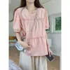 Blusa de Chiffon Estilo Francês para o Verão, Tamanho Grande com Caimento Solto para Cobrir a Barriga, Top Único de Manga Curta para Mulheres um Pouco Cheinhas