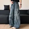 Jeans Masculino Vintage Marca Tendência com Design Reto Desgastado, Lavado, Moderno e Ousado, Estilo Americano Desconstruído, Perna Larga Solto