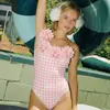 2026 Nuevo Estilo Traje de Baño de una Pieza a Cuadros Rosas para Niña Japonesa y Coreana con Decoración Floral Sexy Femenino Traje de Baño Estilo Chanel