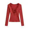 Camiseta Base de Manga Larga Estilo Americano Picante Sexy Ajustada de Encaje con Cuello en V Forro de Vellón de Cachemira para Mujer Top Modelo Nuevo Primavera 2026