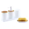 Conjunto de Cinco Peças para Banheiro de Bambu e Madeira Porta-Copo para Enxaguante Bucal Armazenamento de Itens de Banheiro Bandeja de Hotel Conjunto de Cinco Peças Atacado