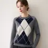 Nuevo Suéter de Punto de Cachemira con Cuello Redondo y Manga Larga para Mujer, Patchwork de Diamantes, Colorido, Lana, Otoño/Invierno 2026
