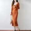 Vestido de punto para mujer 100% lana pura, cuello en U, color liso, cintura alta, adelgazante, cálido, estilo pullover, largo hasta la rodilla