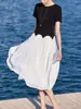 Vestido de Cita Elegante Estilo Francés con Bloques de Color, Nuevo para Verano 2026, Falso Dos Piezas, Holgado, con Patrón de Olas, para Mujer