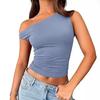 Top Europeo y Americano Transfronterizo de Cuello Oblicuo Sexy Spice Girls Hombro Oblicuo Color Sólido Chaleco Verano para Mujer Jersey con Hombro Descubierto Ombligo Ropa de Mujer