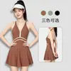 Traje de Baño Feliz para Mujer, Pieza Única Estilo Falda con Diseño de Espalda Cruzada, Oculta el Vientre, Adelgazante, Estilo Dulce, Traje de Baño Casual para Vacaciones y Aguas Termales