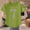 Camiseta feminina de algodão falso cor bordô, manga curta, estilo mãe de verão, modelagem solta, emagrecedora, com design irregular, top de nicho