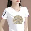 Camiseta de manga corta para mujer de comercio exterior transfronterizo con excedente, marca, con diseño estampado, top moderno de cuello en V para madres