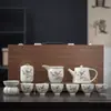 Juego de té Kung Fu Ru Kiln, apto para el hogar, tetera de cerámica, taza de té, piezas de apertura, olla con viga elevada, tapa, tazón, caja de regalo, obsequio de acompañamiento