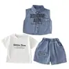 Conjunto de verano para bebé de manga corta, ropa de verano nueva y elegante para niños, chaleco vaquero con bolsillo lateral, conjunto de tres piezas de manga corta