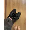 Versão em Pele de Ovelha~Mocassins de Couro Genuíno Estilo Britânico para Mulheres, Sapatos de Calçar para o Dia a Dia, Sapatos de Couro com Laço Francês e Salto Bloco