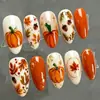 30 PIEZAS/Set Uñas Postizas de Halloween Naranja Mediana Almendra, con Puntas Francesas de Hoja de Calabaza Naranja, Uñas Postizas Reutilizables para Mujeres Niñas, Uso Diario de Verano y Fiesta, Regalo de Vacaciones