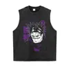 Camiseta lavada preta desgastada com estampa de personagem, corte solto, plus size, tecido pesado, top de verão anime, comércio exterior